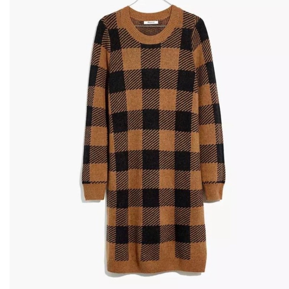 Madewell Crewneck Sweater Dress in Buffalo Check Brown Black